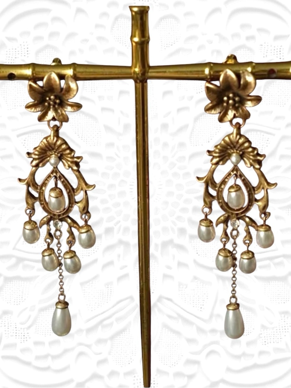 Gold Floral Pearl Chandelier Earrings - Elegant Women’s Jewelry 3.5”